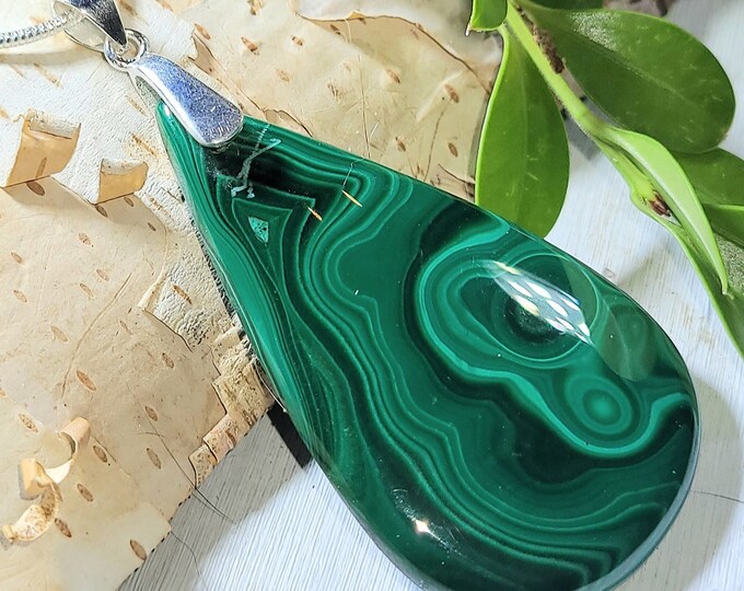 Natural AA Grade Malachite Pear Cabochon .925 Sterling Silver Pendant 2 3/8" x 1 1/8" ET09 Custom Sterling Silver Heavy Duty Bail