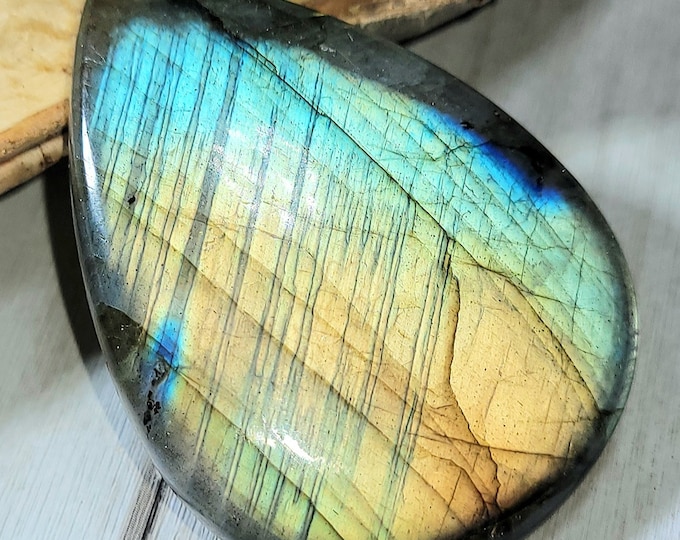 Natural Large Multi-Flash Labradorite Pear Cabochon 85ct 17 Grams 45mm x 33mm Wire Wrapping, Weaving or Pendant, Collector LB43