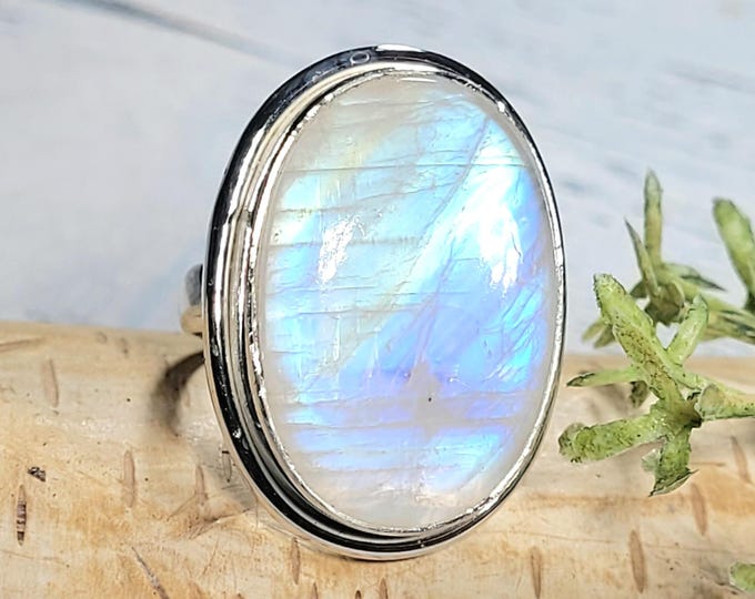 Rainbow Moonstone Ring, Moonstone Ring, Moonstone Sterling Silver Ring, Moonstone Ring Size 6.75, Statement Ring, Boho Ring, JB