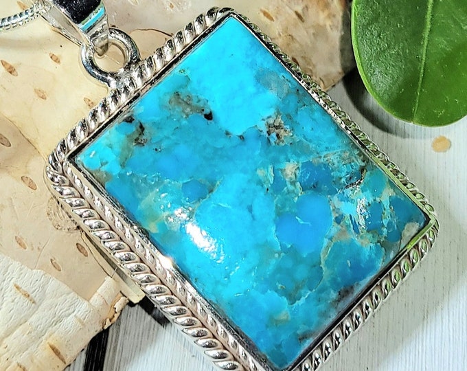 Natural High Grade Arizona Kingman Rectangle Turquoise Handmade .925 Sterling Silver Pendant 1 5/8" x 1" 11 grams ES19