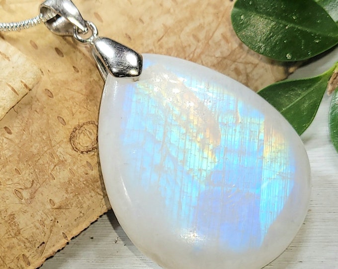 Natural AAAA Rainbow Moonstone Pear Cabochon 55Ct .925 Sterling Silver Pendant Heavy Duty Sterling Silver Bail 1 3/4" x 1" CD35