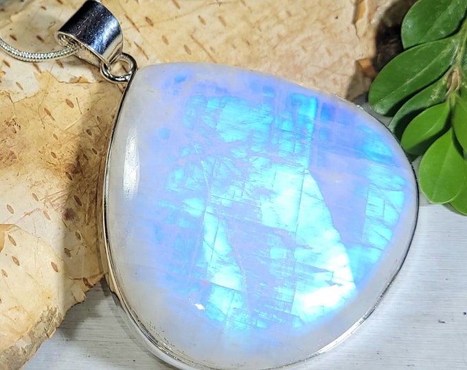 Natural AAAA HUGE Grade Multi Full Flash Oval Rainbow Moonstone 200Ct .925 Sterling Silver Pendant Measures 2 1/2" x 2" Weighs 45 Grams CF01