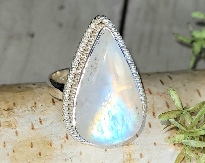 Handmade Rainbow Moonstone Sterling Silver Ring - Size 6