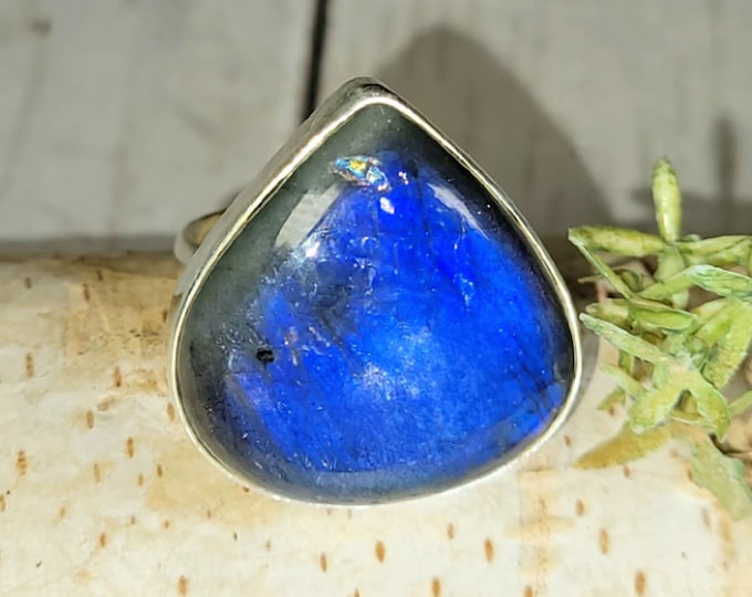 Labradorite Ring Size 9.5, Blue Labradorite Sterling Silver Ring, Handmade Labradorite Ring, Statement Ring, Gift for Her, HA