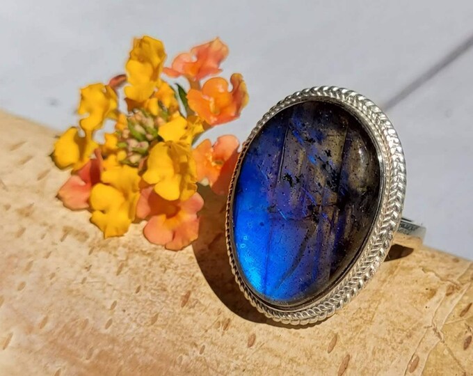 Labradorite Ring. Blue Labradorite Sterling Silver Ring Size 8.5 Handmade Ring, Statement Ring, Gift for Her CX