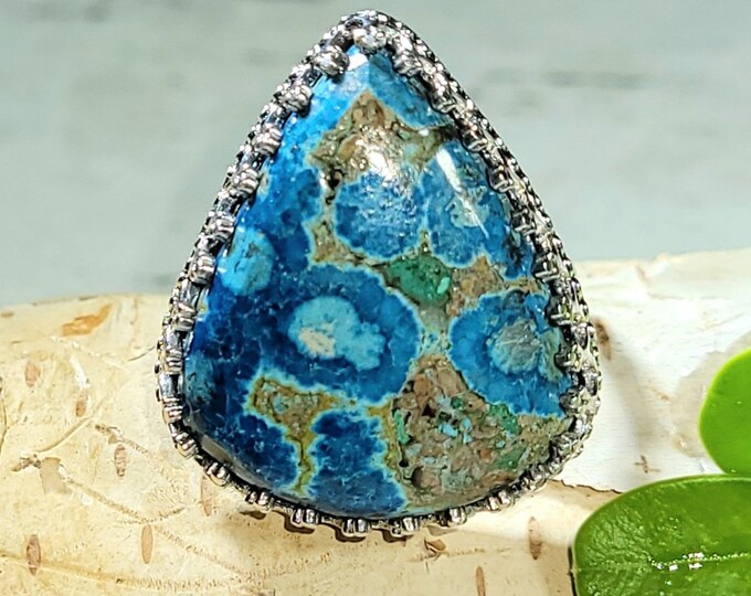 Natural Excellent Quality Shattuckite Handmade .925 Crown Prong Sterling Silver Ring Size 8 8 Grams Face 1" x 7/8" CD08
