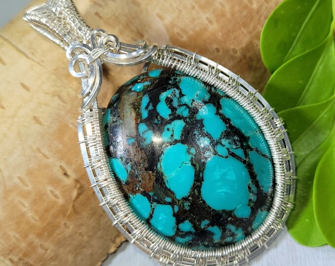 Tibetan Turquoise Pendant, Tibetan Turquoise Wire Wrapped Pendant, .925 Sterling Silver Wire Wrapped, , Handmade Turquoise Pendant FE04
