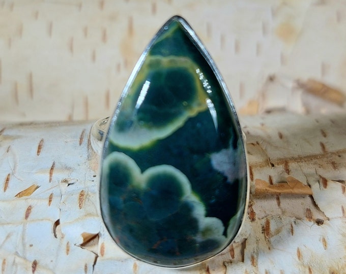 Natural Premium Grade Ocean Jasper Ring, Genuine Ocean Jasper Ring set in .925 Sterling Silver, Size 8 1/4