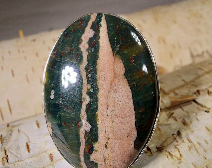 Natural Premium Grade Ocean Jasper Ring, Genuine Ocean Jasper Ring set in .925 Sterling Silver, Size 7 1/2