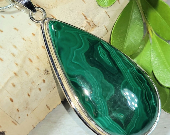Natural High Grade Congo Malachite .925 Sterling Silver Pendant 2 1/4" x 1" 14 Grams EN19