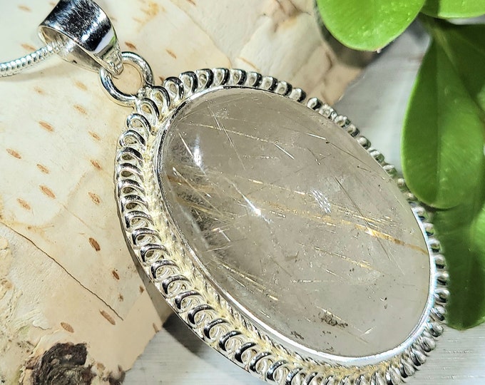 Natural Rare AA Golden Needle Rutilated Quartz .925 Sterling Silver Pendant 14 Grams 1 7/8" x 1" EN23