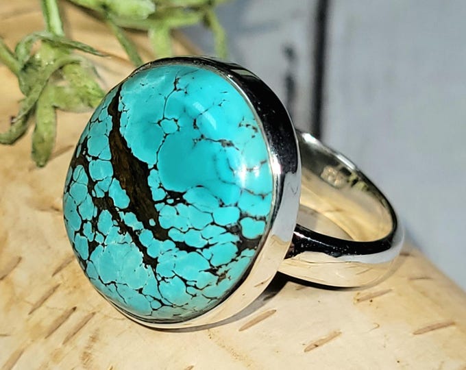 Tibetan Turquoise Sterling Silver Ring,Turquoise Boho Ring, Statement Ring; Handmade Ring, Premium Tibet Turquoise,Quality Ring Size 8.5 HP