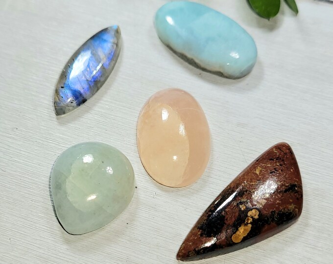 Natural Labradorite, Larimar, Aquamarine, Zarinite & Morganite 70ct Cabochons Mixed Lot 5 Stone Wire Wrap, Weaving AS18