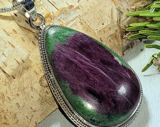 Natural AAA Grade Ruby Zoisite Handmade .925 Sterling Silver Pendant 2 1/4" x 1 1/8" 18 Grams AK40