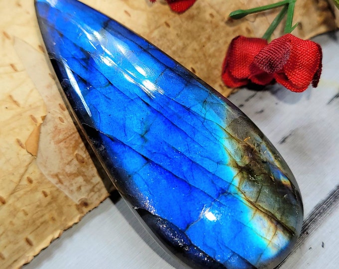 Natural Premium Blue Flash Labradorite Pear Cabochon 70ct 55mm x 20mm Wire Wrapping, Weaving, Pendant, Bolo Tying DC19