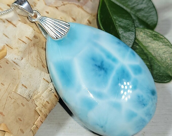 Natural AAA Dominican Larimar Cabochon .925 Sterling Silver Pendant 2" x 1" 16 Grams EV31 Sterling Silver Heavy Duty Designer Bail
