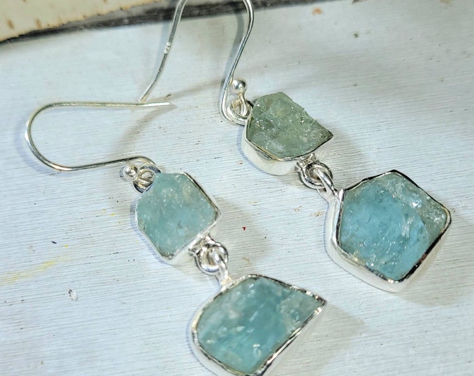 Natural Raw Rough Cut Aquamarine 2 Stone Handmade .925 Sterling Silver Dangle Earrings 7 Grams Gift for Her DA41