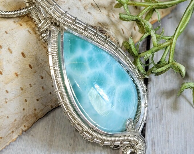 Larimar Pendant, Larimar Wire Wrapped Sterling Silver Pendant, Hand Wire Wrapped Larimar Pendant, Designer Larimar Pendant, Gift for Her, HC