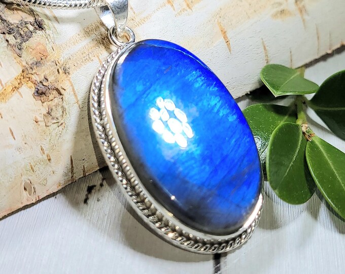 Natural High Grade Blue Flash Labradorite .925 Sterling Silver Pendant 2" x 1" 14 Grams EF23 "Free Shipping"