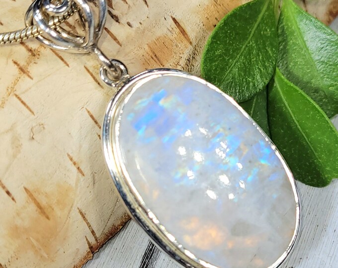 Moonstone Pendant, Rainbow Moonstone Oval Cabochon Sterling Silver Pendant, Blue Color Flash, Gift for Her, Handmade Pendant, BA02