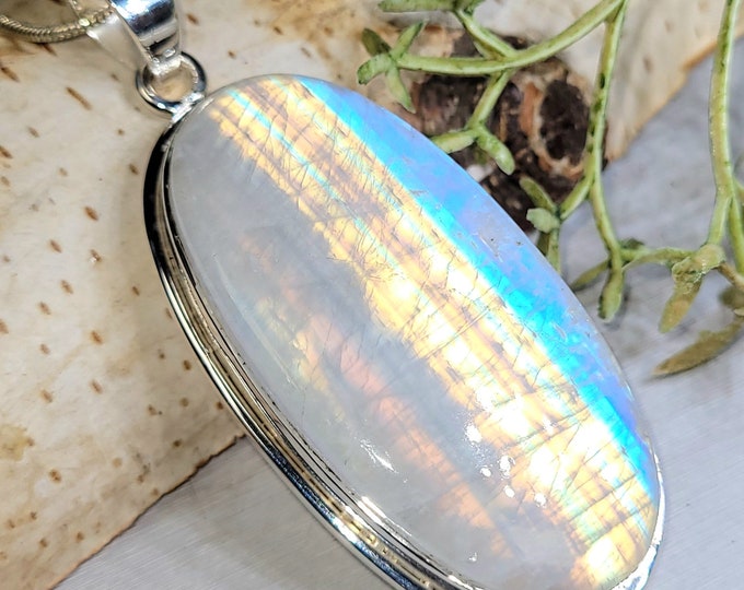 Moonstone Pendant, Rainbow Moonstone Oval Cabochon Sterling Silver Pendant, Multi Color Flash, Gift for Her, Handmade Pendant, GJ24