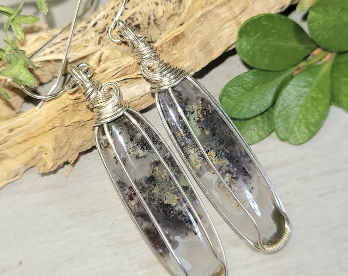 Moss Agate Earrings, Moss Agate Wire Wrapped Earrings, Sterling Silver Wire Wrapped Earrings, Green Moss Agate Wire Wrap Earrings GE
