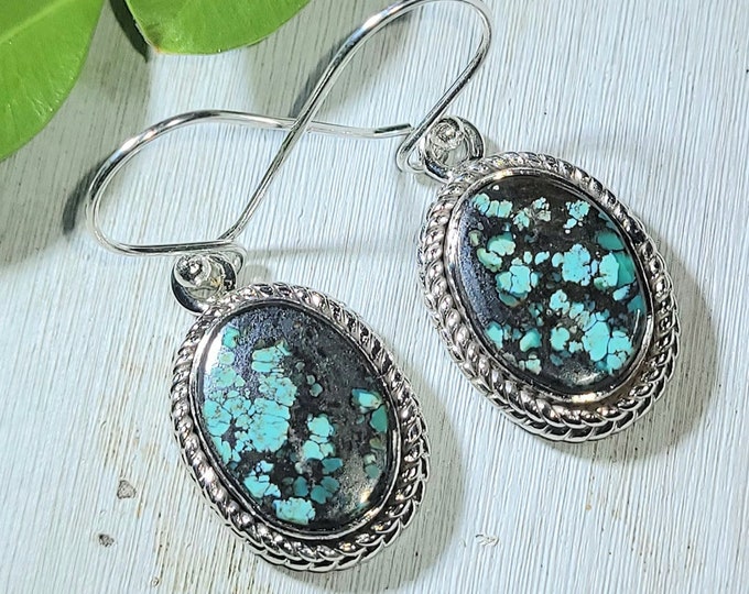 Natural Top Choice Tibet Turquoise .925 Sterling Silver Earrings 7 Grams 1 3/8" x 9/16" ER15