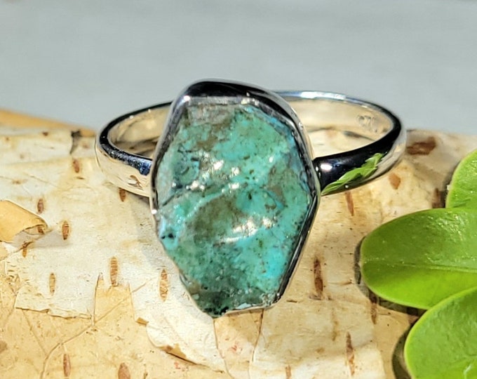 Natural Raw Rough Cut Chrysocolla Handmade .925 Sterling Silver Ring Size 9 3 Grams 5/8" x 7/16" CD26