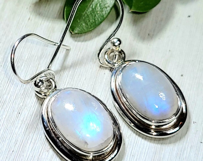 Natural High Grade Blue Flash Oval Moonstone .925 Sterling Silver Earrings 6 Grams 1 1/4" x 1/2" AP14