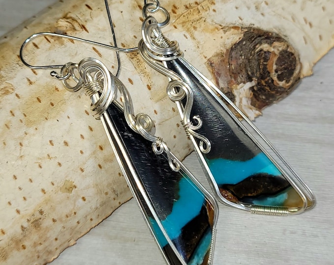 Blue Opal Earrings, Petrified Wood Earrings, Sterling Silver Blue Opalized Petrified Earrings, Sterling Silver Blue Opal Earrings GF12
