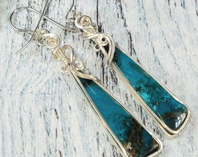 Blue Opalized Earrings, Petrified Wood Earrings, Sterling Silver Wire Wrapped Opalized Earrings, Sterling Silver Blue Opal Earrings JF03