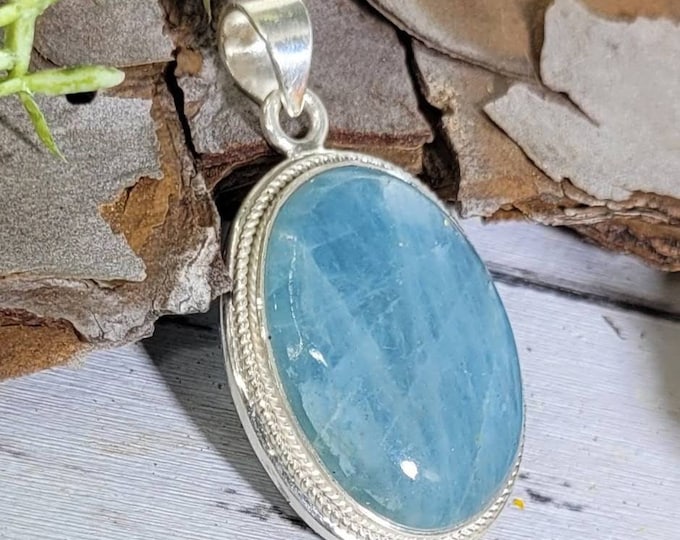 Natural Bluish Green Aquamarine Oval .925 Sterling Silver Pendant 11 grams 1 5/8" x 1" CZ02
