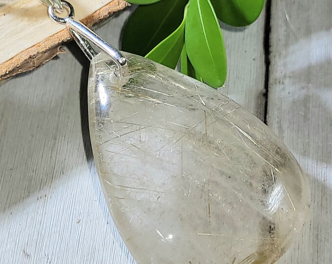 Natural Golden Needle Rutilated Quartz Cabochon .925 Sterling Silver Pendant 2 1/8" x 1 1/8" EL24 Sterling Silver Heavy Duty Bail