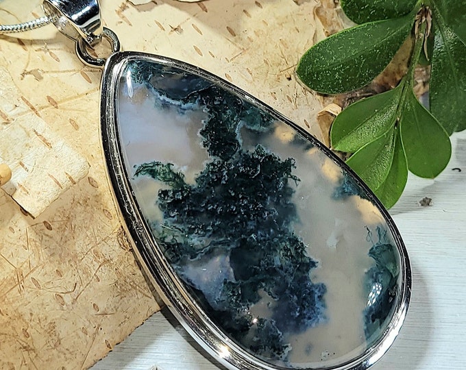 Natural Large High Quality Green Moss Agate Pear Handmade .925 Sterling Silver Pendant 2 1/2" x 1 1/4" 19 Grams AQ19