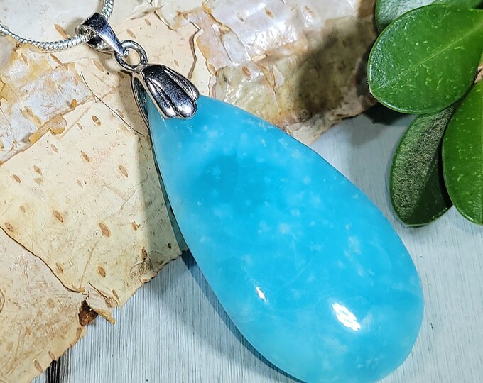 Natural Rare Hemimorphite Pear Cabochon .925 Sterling Silver Pendant 2" x 7/8" AD25 Sterling Silver Rhodium Plated Bail