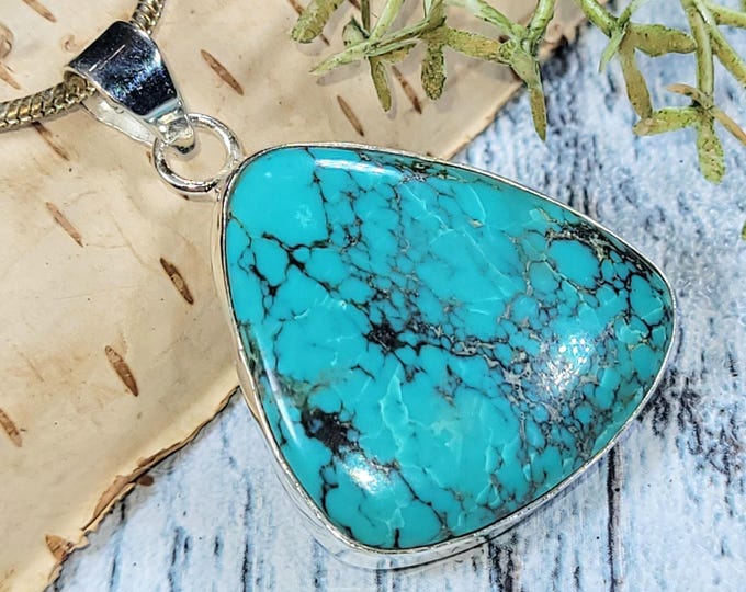 Tibetan Turquoise Sterling Silver Pendant: Pear Stone Boho Jewelry