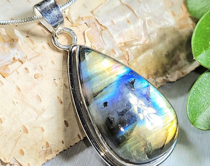 Natural Premium Grade Multi Flash Labradorite .925 Sterling Silver Pendant 1 11/16" x 3/4" 8 Grams AB47