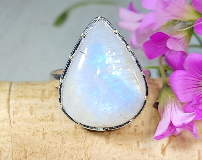 Rainbow Moonstone Ring, Moonstone Ring, Moonstone Sterling Silver Ring Size 8.75, Statement Ring, Handmade Ring, Boho Ring, Gift for Her, FG