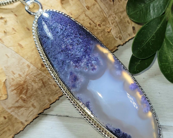 Natural AAA Grade Rare Purple Moss Agate Oval Handmade .925 Sterling Silver Pendant 2 5/8" x 3/4" 13 Grams CT24 Gift for Her