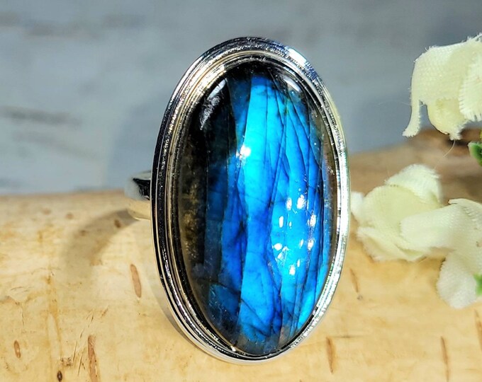 Labradorite Ring. Blue Labradorite Sterling Silver Ring Size 7.5 Handmade Ring, Statement Ring, Gift for Her DL