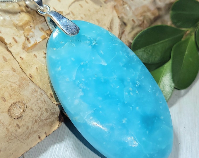 Natural Rare AAA Hemimorphite Oval Cabochon .925 Sterling Silver Pendant 2 3/16" x 1" 14 Grams AE11 Sterling Silver Heavy Duty Bail
