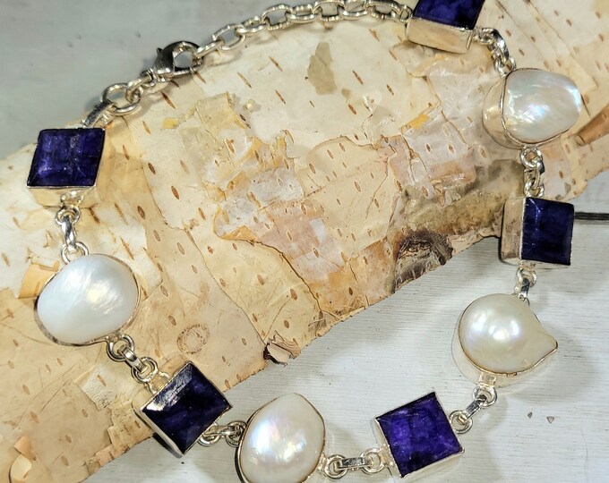 Natural Estate Piece Blue Sapphire & Freshwater White Pearl  .925 Sterling Silver Bracelet Adjustable 7.75"-8.75" 24 Grams 5/8" Width E12