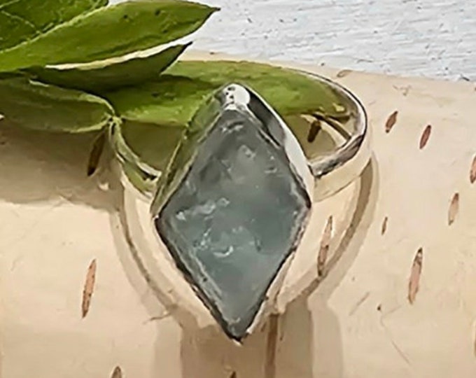 Natural Raw Rough Cut Aquamarine Handmade .925 Sterling Silver Ring Size 6 1/2 4.5 Grams 3/4" x 1/2" FW39