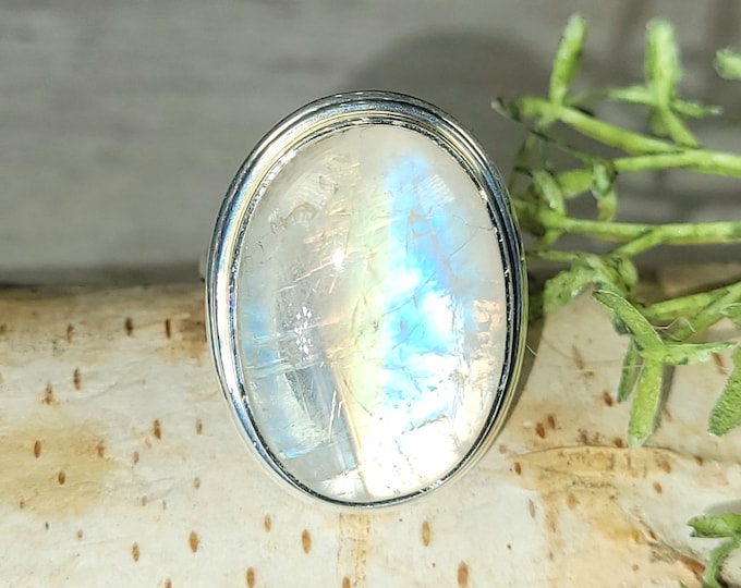 Rainbow Moonstone Ring, Moonstone Ring, Sterling Silver Moonstone Ring, Moonstone Ring Size 8.5, Statement Ring, Boho Ring, GJ