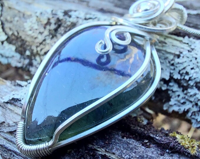 Natural AAA Grade Blue Labradorite Hand Wrapped .925 Sterling Silver Pendant 1" x 2", 11 Grams GC11 Handmade Wrapped Solid Sterling Silver