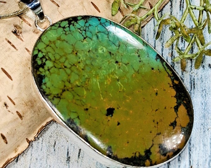 Handmade Sterling Silver Tibetan Turquoise Pendant: Boho Statement Jewelry; KB29