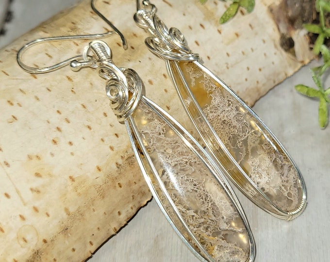 Moss Agate Earrings, Moss Agate Wire Wrapped Earrings, Agate Sterling Silver Wire Wrapped Earrings, Handmade Earrings, Gift for Her, HA40