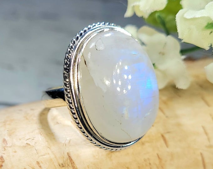 Rainbow Moonstone Ring, Moonstone Ring, Rainbow Moonstone Sterling Silver Ring Size 8, Statement Ring, Handmade Ring, Boho Ring DK
