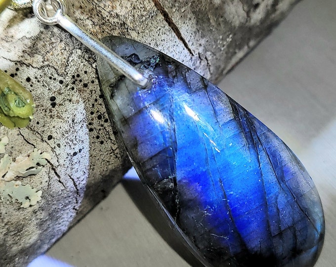 Natural High Grade Blue Flash Labradorite Cabochon .925 Sterling Silver Pendant 2 1/8" x 3/4" EE20 Sterling Silver Heavy Duty Bail