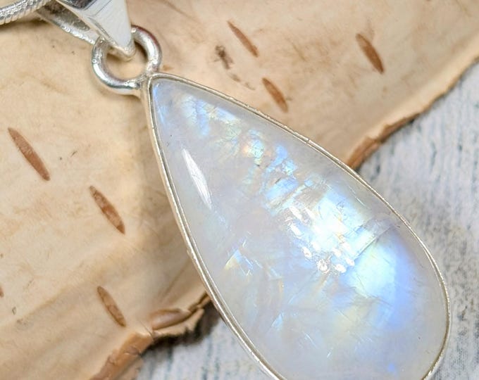 Rainbow Moonstone Sterling Silver Pendant: Handmade Pear Multi-Flash Moonstone Pendant; KA11